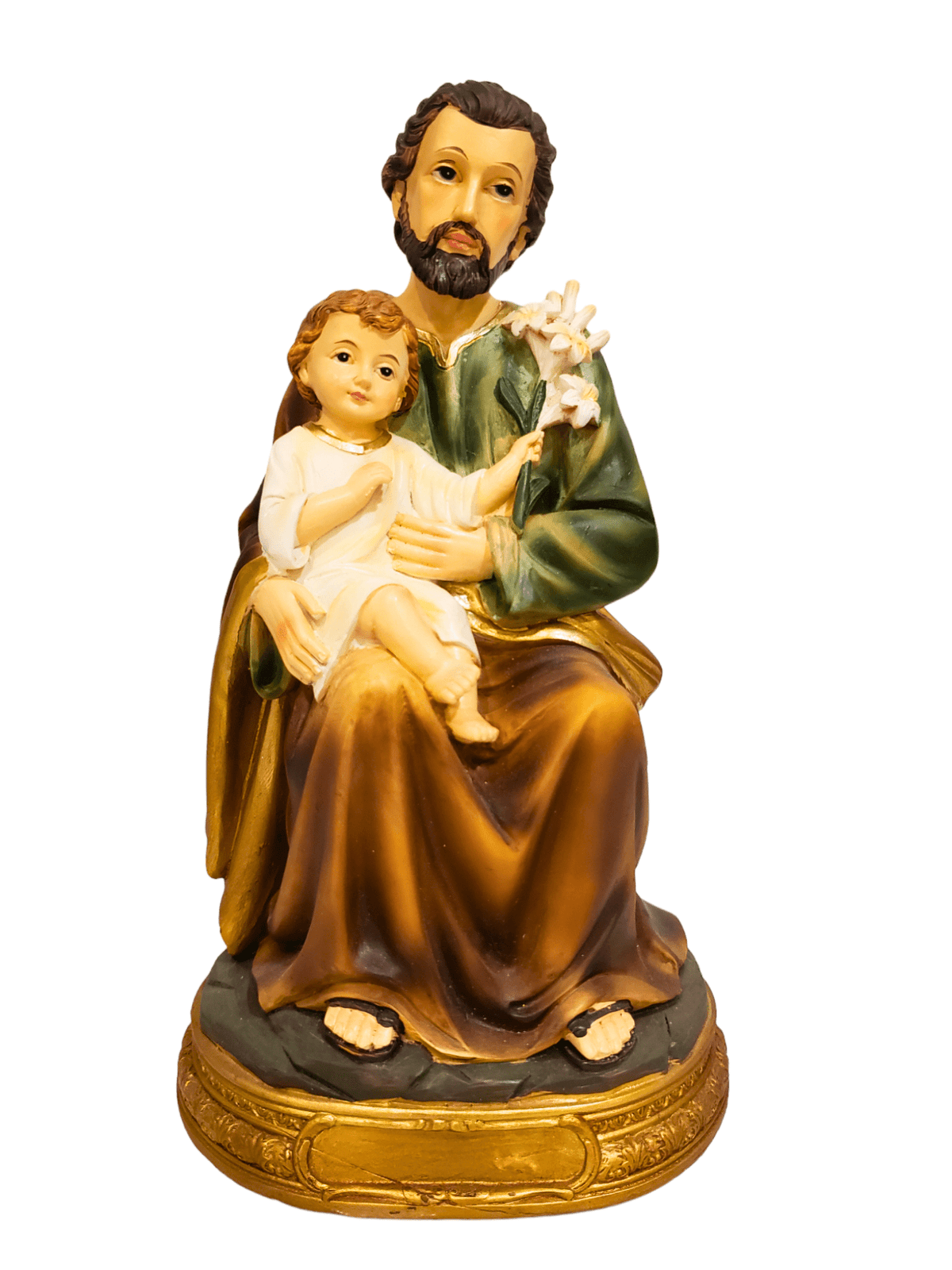 Imagem de São José Sentado com Menino Jesus em Resina